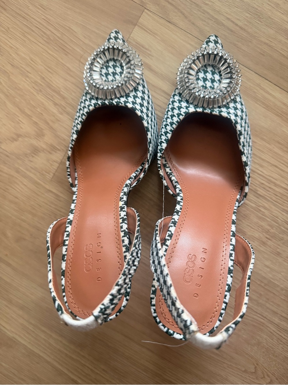 ASOS Green and White Houndstooth Pointed Slingback Heels with Crystal Buckle